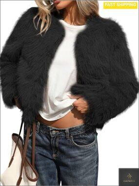 Fluffy Faux Fur Cropped Coat with Hooks & Side Pockets